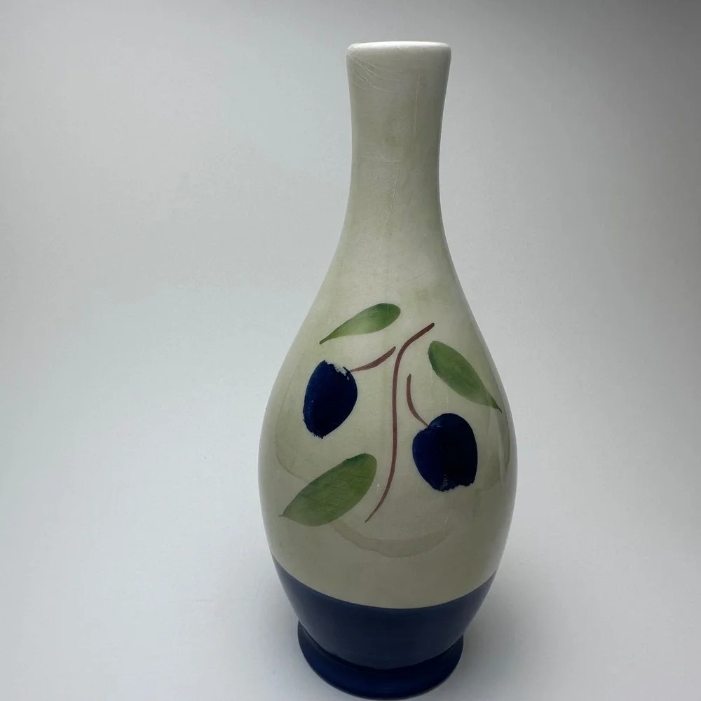 Ceramica AM Italy Hand Decorated Olive Branch‎ Ceramic Vase Blue Cream 10 Inch